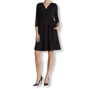 ECI Stretch 3/4 Sleeve Black Women's Wrap Dress
